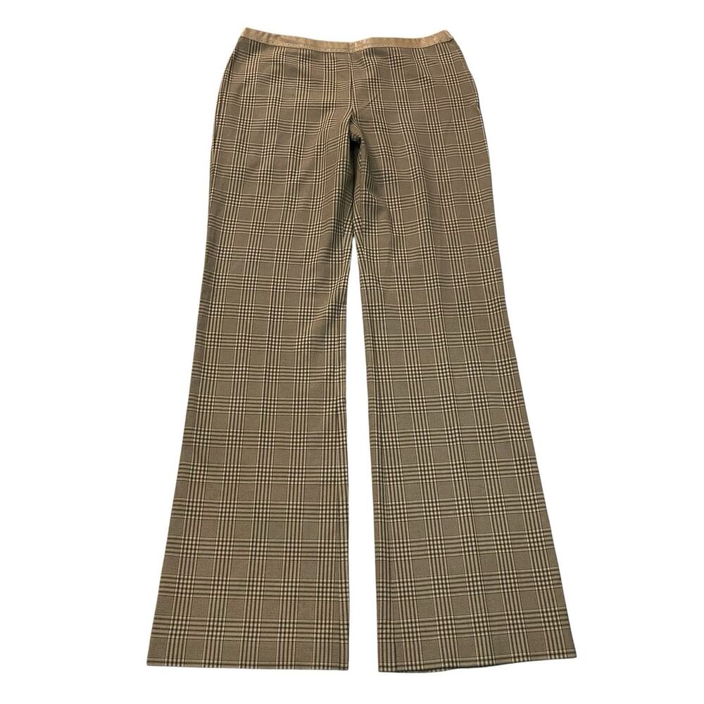 Y2K BCBG MaxAzria Plaid Pants 6 Leather Trim Bootcut Brown Multi Academia Career